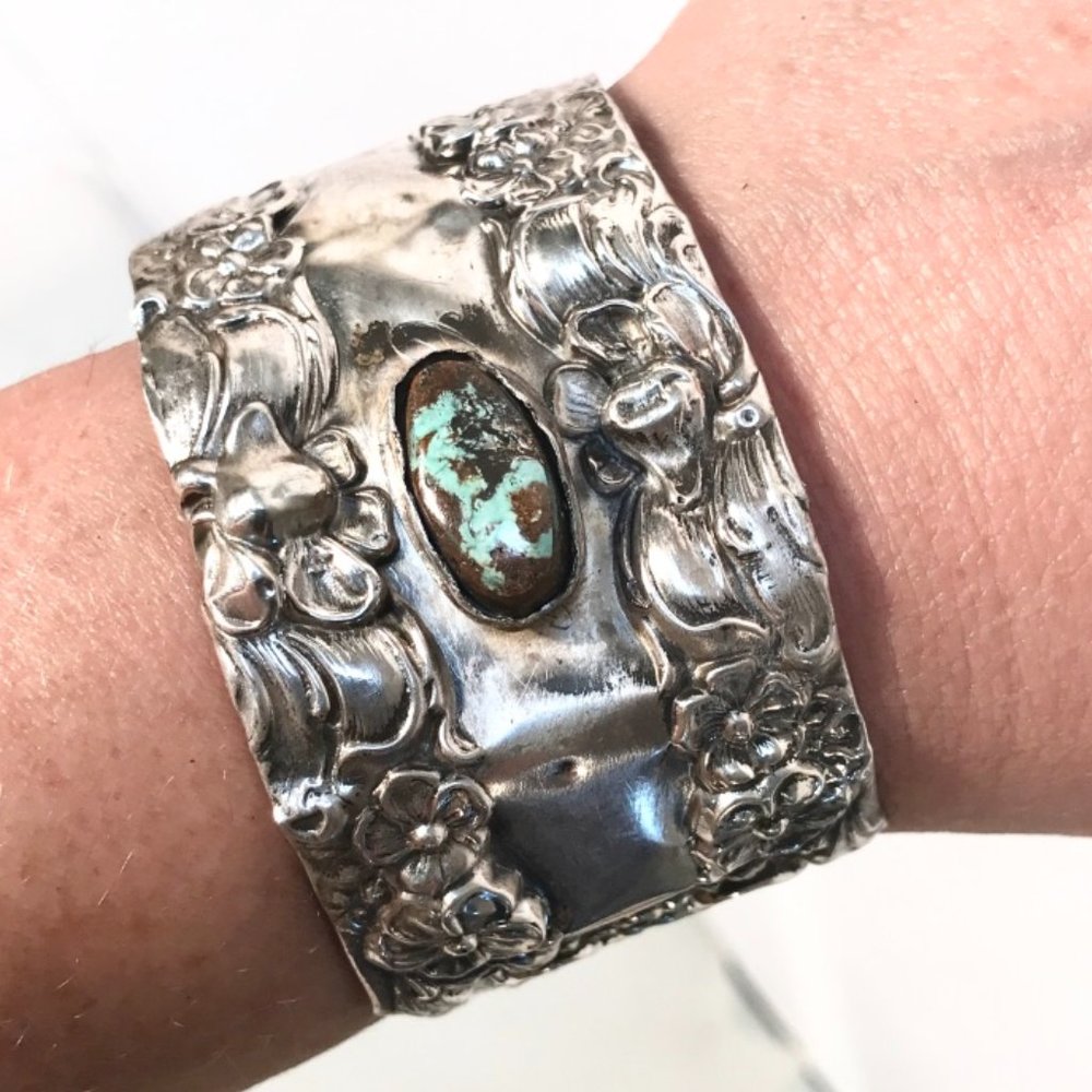 Antique Victorian Repousseé Turquoise Sterling Silver Floral Cuff Bracelet 925